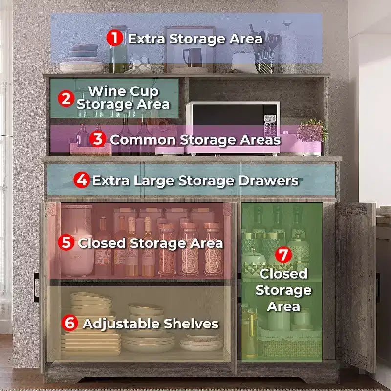 Meuble buffet de style rustique avec support pour micro-ondes, armoire de rangement avec portes coulissantes, tiroirs et étagères réglables, meuble bar à café en bois