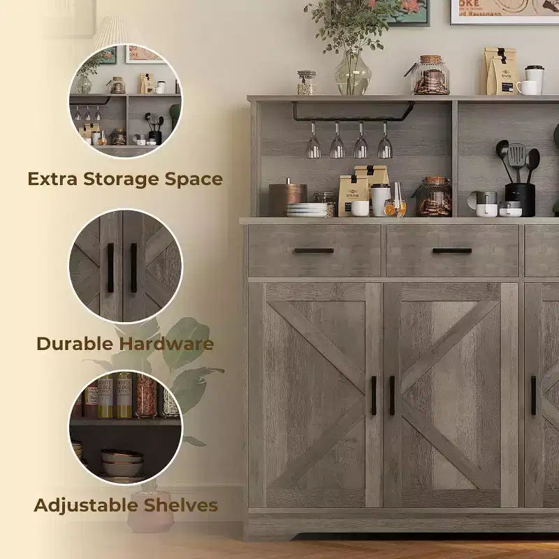 Meuble buffet de style rustique avec support pour micro-ondes, armoire de rangement avec portes coulissantes, tiroirs et étagères réglables, meuble bar à café en bois