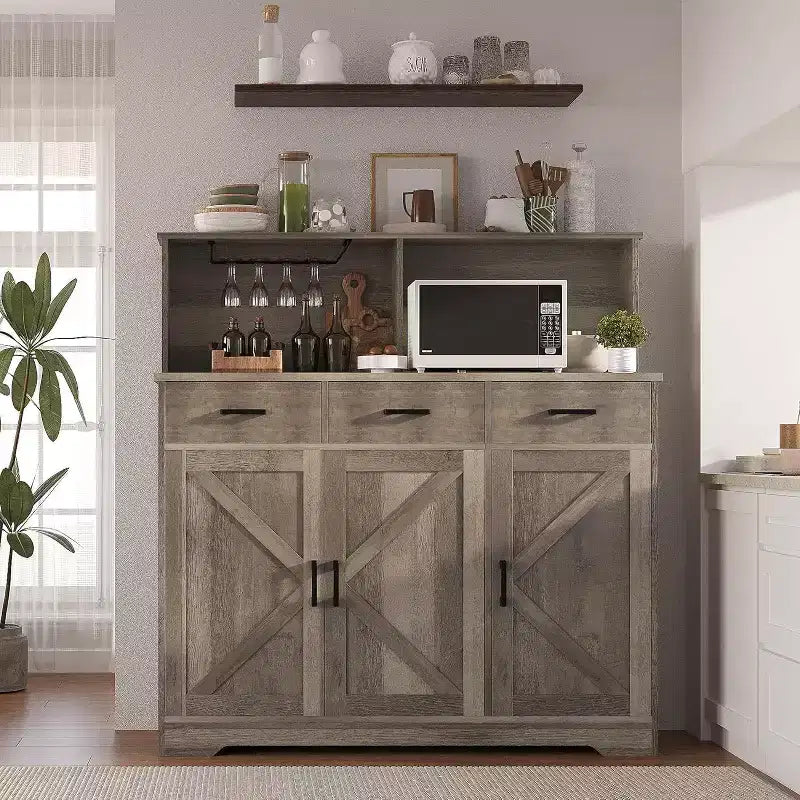 Meuble buffet de style rustique avec support pour micro-ondes, armoire de rangement avec portes coulissantes, tiroirs et étagères réglables, meuble bar à café en bois