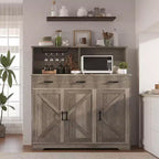 Meuble buffet de style rustique avec support pour micro-ondes, armoire de rangement avec portes coulissantes, tiroirs et étagères réglables, meuble bar à café en bois