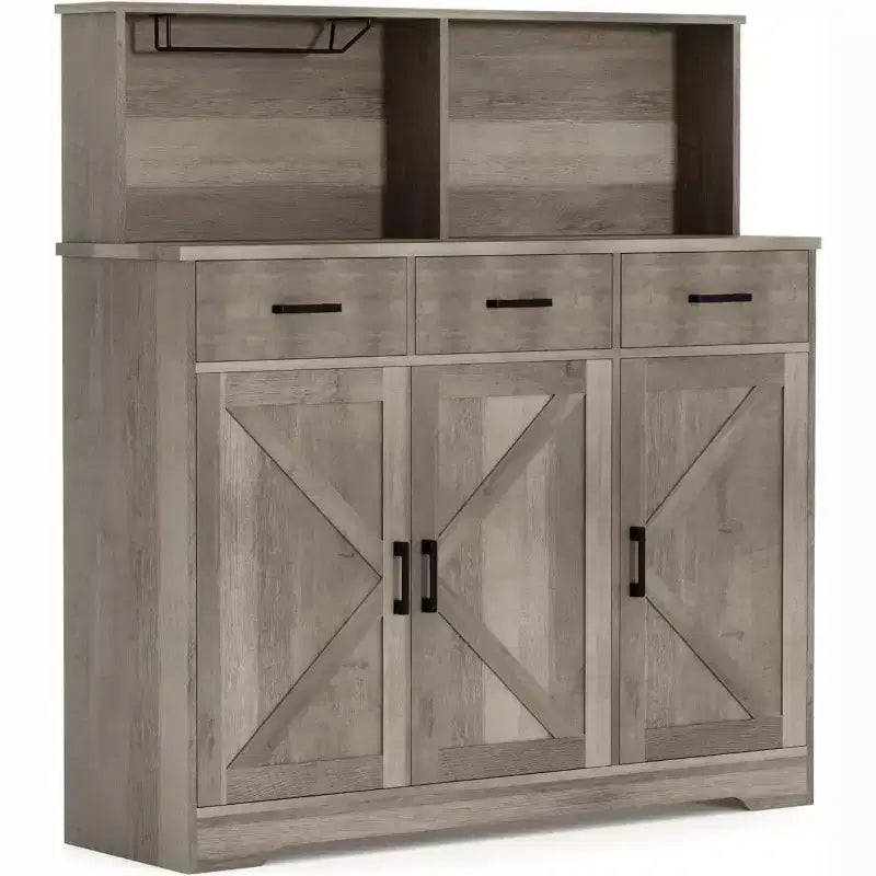 Meuble buffet de style rustique avec support pour micro-ondes, armoire de rangement avec portes coulissantes, tiroirs et étagères réglables, meuble bar à café en bois