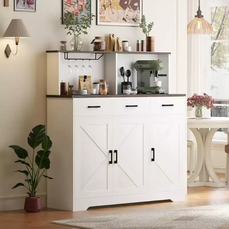 Meuble buffet de style rustique avec support pour micro-ondes, armoire de rangement avec portes coulissantes, tiroirs et étagères réglables, meuble bar à café en bois