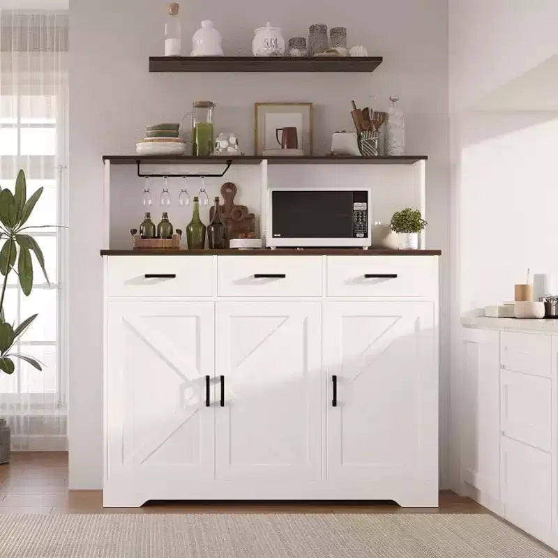 Meuble buffet de style rustique avec support pour micro-ondes, armoire de rangement avec portes coulissantes, tiroirs et étagères réglables, meuble bar à café en bois