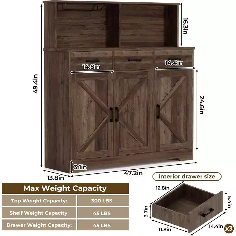 Meuble buffet de style rustique avec support pour micro-ondes, armoire de rangement avec portes coulissantes, tiroirs et étagères réglables, meuble bar à café en bois