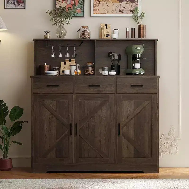 Meuble buffet de style rustique avec support pour micro-ondes, armoire de rangement avec portes coulissantes, tiroirs et étagères réglables, meuble bar à café en bois