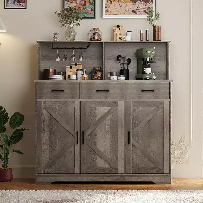 Meuble buffet de style rustique avec support pour micro-ondes, armoire de rangement avec portes coulissantes, tiroirs et étagères réglables, meuble bar à café en bois