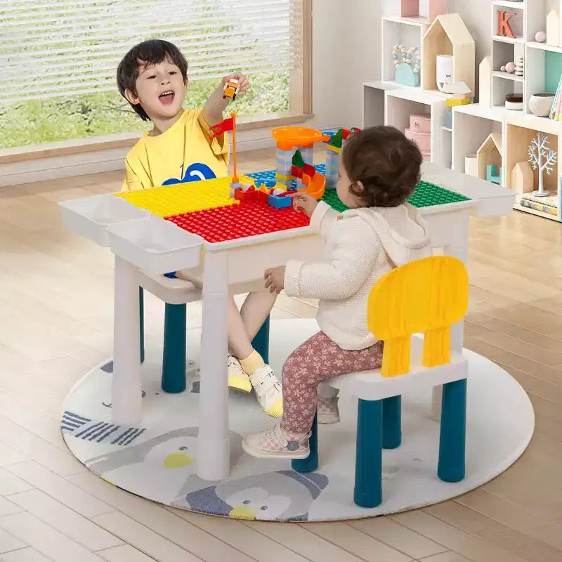 Table d'activités pour enfants avec 2 chaises et 100 blocs XL, compatible avec les blocs classiques, table d'eau/sable et de construction pour tout-petits (couleurs primaires)