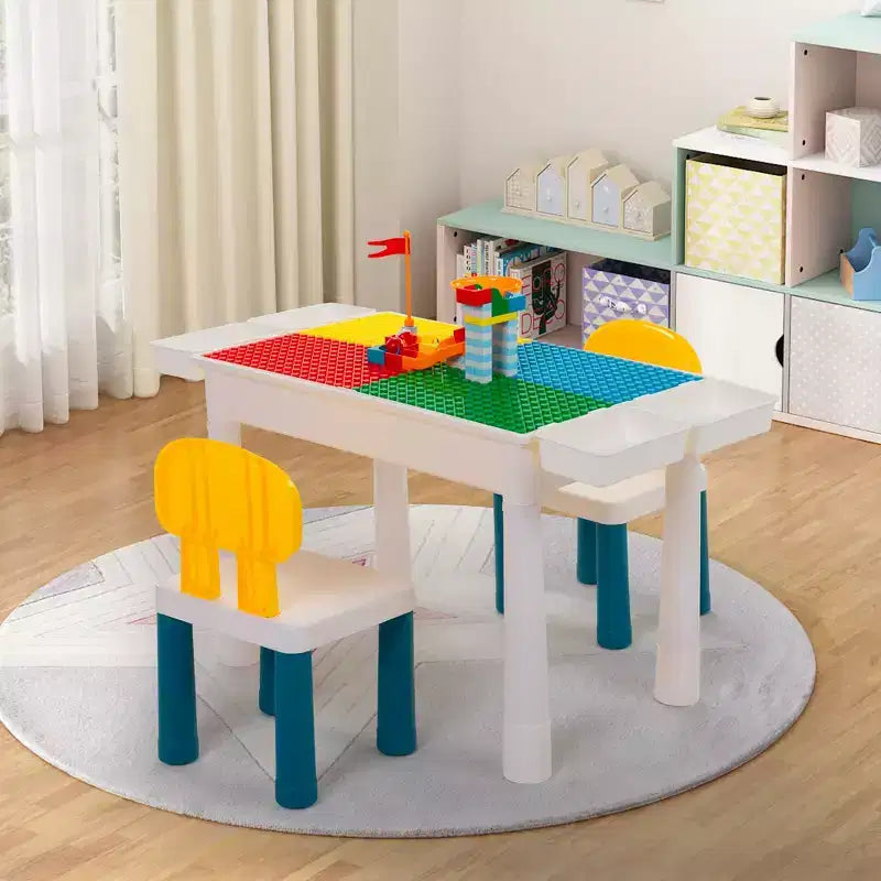 Table d'activités pour enfants avec 2 chaises et 100 blocs XL, compatible avec les blocs classiques, table d'eau/sable et de construction pour tout-petits (couleurs primaires)