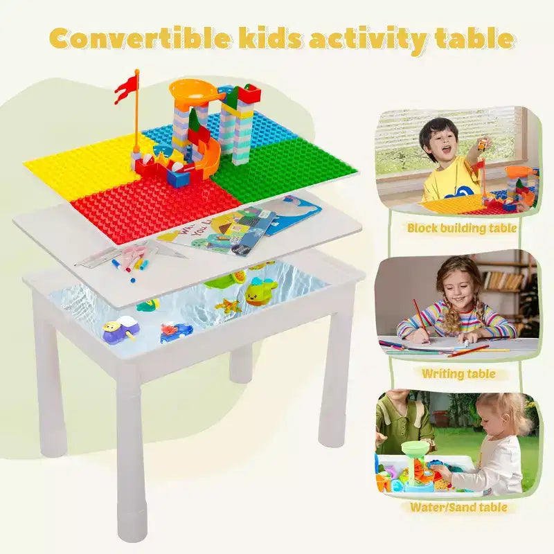 Table d'activités pour enfants avec 2 chaises et 100 blocs XL, compatible avec les blocs classiques, table d'eau/sable et de construction pour tout-petits (couleurs primaires)
