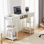 Bureau informatique avec rangement, Petite table de travail pour bureau à domicile avec sac latéral en tissu et crochet pour casque, Cadre métallique (120 x 40 x 77,7 cm)