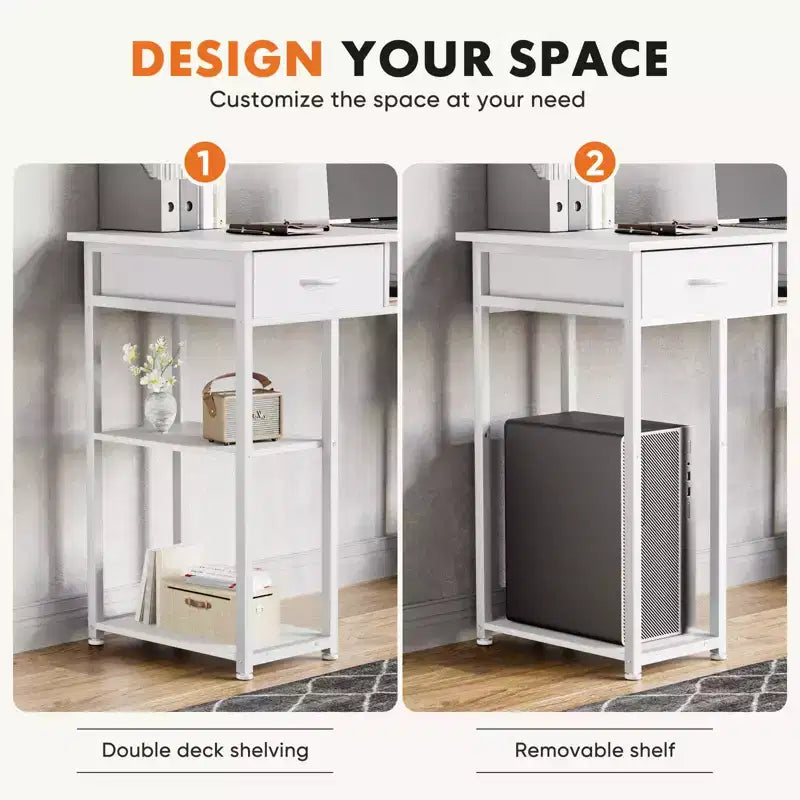 Bureau informatique avec rangement, Petite table de travail pour bureau à domicile avec sac latéral en tissu et crochet pour casque, Cadre métallique (120 x 40 x 77,7 cm)