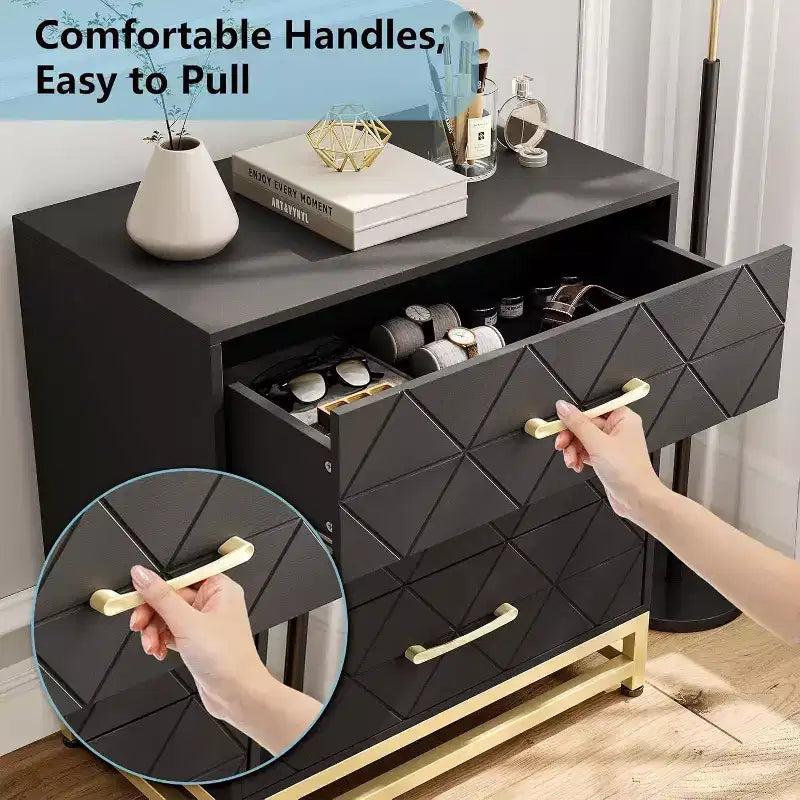 Commode de chambre à 3 tiroirs, commode moderne, avec tiroirs larges et poignées métalliques, commode en bois