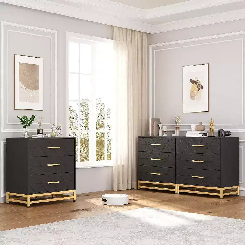Commode de chambre à 3 tiroirs, commode moderne, avec tiroirs larges et poignées métalliques, commode en bois