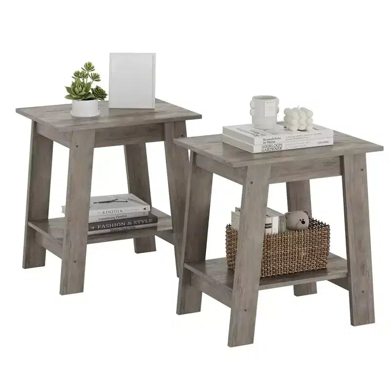 Table d'appoint moderne (2 pièces), table d'appoint de canapé en bois avec étagère de rangement à 2 niveaux, table de chevet de chambre pour petits espaces, table de chevet pour chambre à coucher