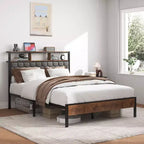 Full/Queen/King Size Wooden Platform Bed Frame with Upholstered Headboard,2 USB Ports, Large Under-Bed Storage,Noise-Free,No Box Spring Needed,Brown