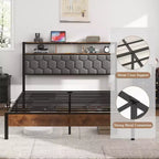 Cadre de lit plateforme en bois double/grand lit/très grand lit avec tête de lit capitonnée, 2 ports USB, grand espace de rangement sous le lit, silencieux, sommier tapissier non requis, marron