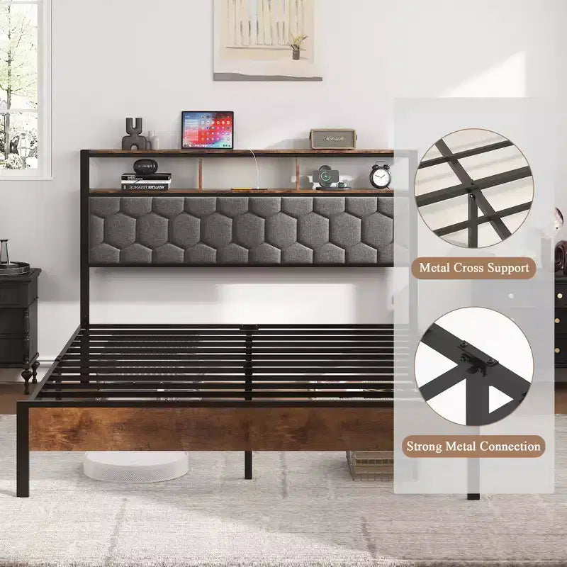 Cadre de lit plateforme en bois double/grand lit/très grand lit avec tête de lit capitonnée, 2 ports USB, grand espace de rangement sous le lit, silencieux, sommier tapissier non requis, marron