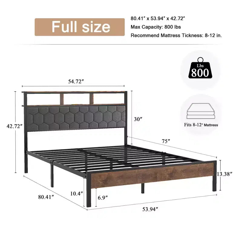 Cadre de lit plateforme en bois double/grand lit/très grand lit avec tête de lit capitonnée, 2 ports USB, grand espace de rangement sous le lit, silencieux, sommier tapissier non requis, marron