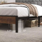 Cadre de lit plateforme en bois double/grand lit/très grand lit avec tête de lit capitonnée, 2 ports USB, grand espace de rangement sous le lit, silencieux, sommier tapissier non requis, marron