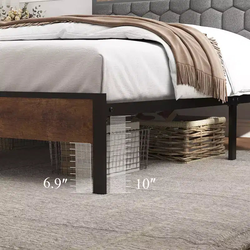 Cadre de lit plateforme en bois double/grand lit/très grand lit avec tête de lit capitonnée, 2 ports USB, grand espace de rangement sous le lit, silencieux, sommier tapissier non requis, marron