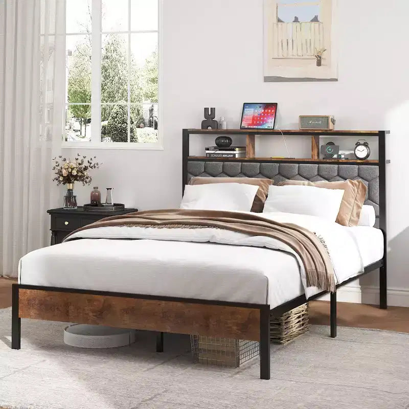 Cadre de lit plateforme en bois double/grand lit/très grand lit avec tête de lit capitonnée, 2 ports USB, grand espace de rangement sous le lit, silencieux, sommier tapissier non requis, marron