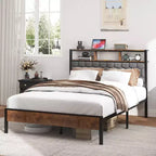 Cadre de lit plateforme en bois double/grand lit/très grand lit avec tête de lit capitonnée, 2 ports USB, grand espace de rangement sous le lit, silencieux, sommier tapissier non requis, marron
