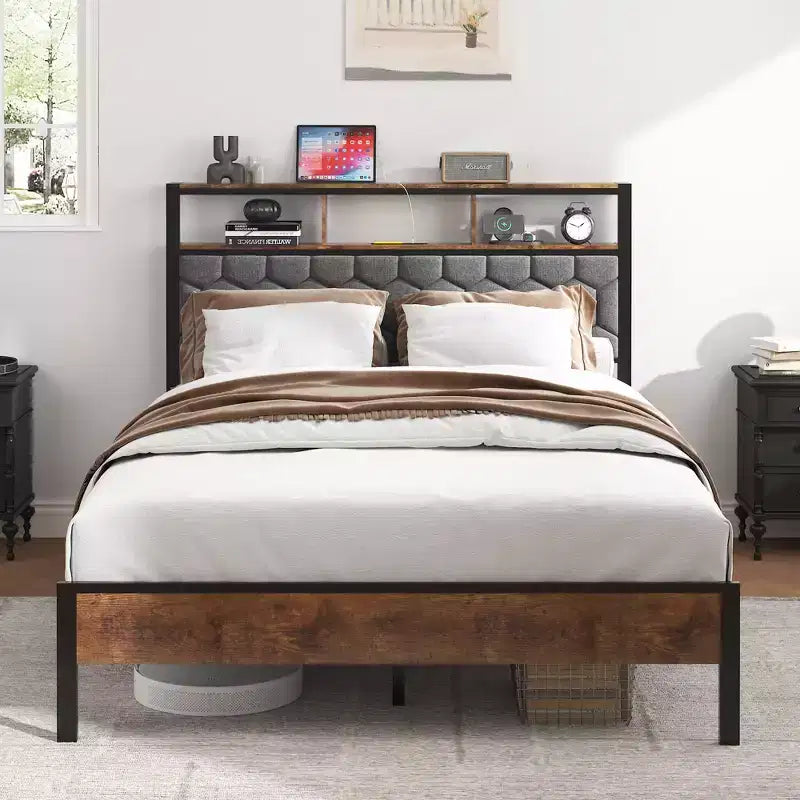 Cadre de lit plateforme en bois double/grand lit/très grand lit avec tête de lit capitonnée, 2 ports USB, grand espace de rangement sous le lit, silencieux, sommier tapissier non requis, marron