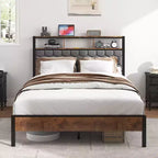 Cadre de lit plateforme en bois double/grand lit/très grand lit avec tête de lit capitonnée, 2 ports USB, grand espace de rangement sous le lit, silencieux, sommier tapissier non requis, marron