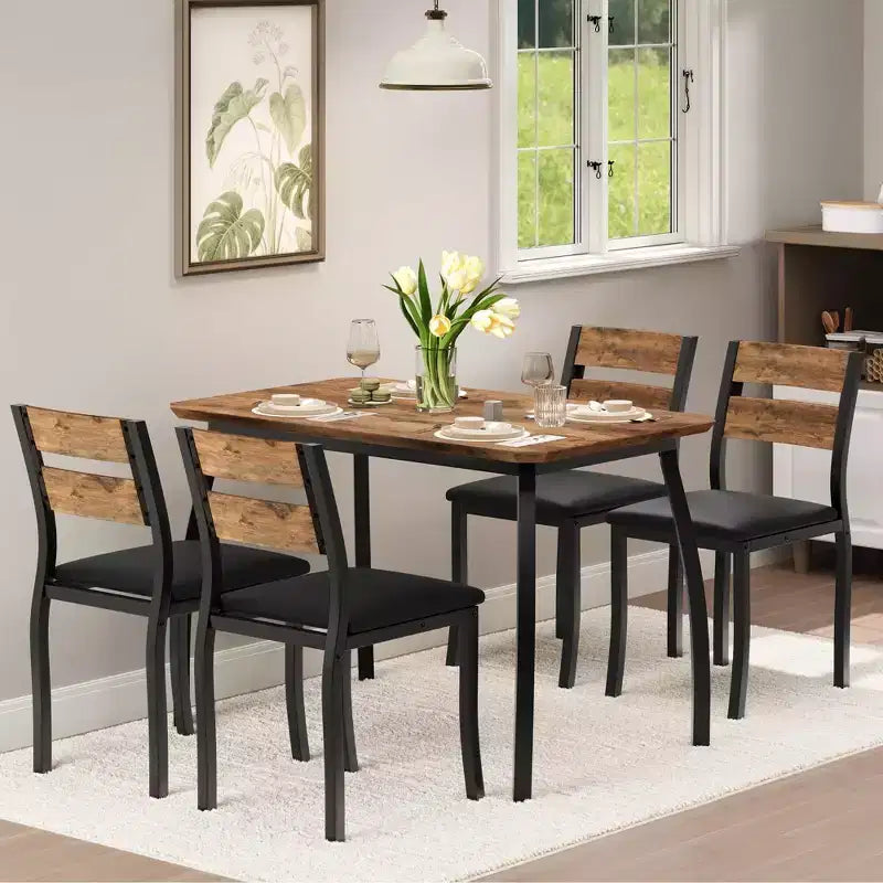 Ensemble de salle à manger 5 pièces pour 4 personnes, Table de cuisine moderne avec chaises rembourrées et cadre en fer, Meubles de salle à manger en bois pour petits espaces