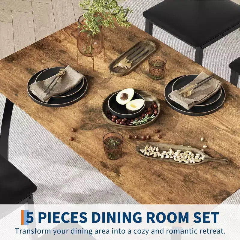 Ensemble de salle à manger 5 pièces pour 4 personnes, Table de cuisine moderne avec chaises rembourrées et cadre en fer, Meubles de salle à manger en bois pour petits espaces