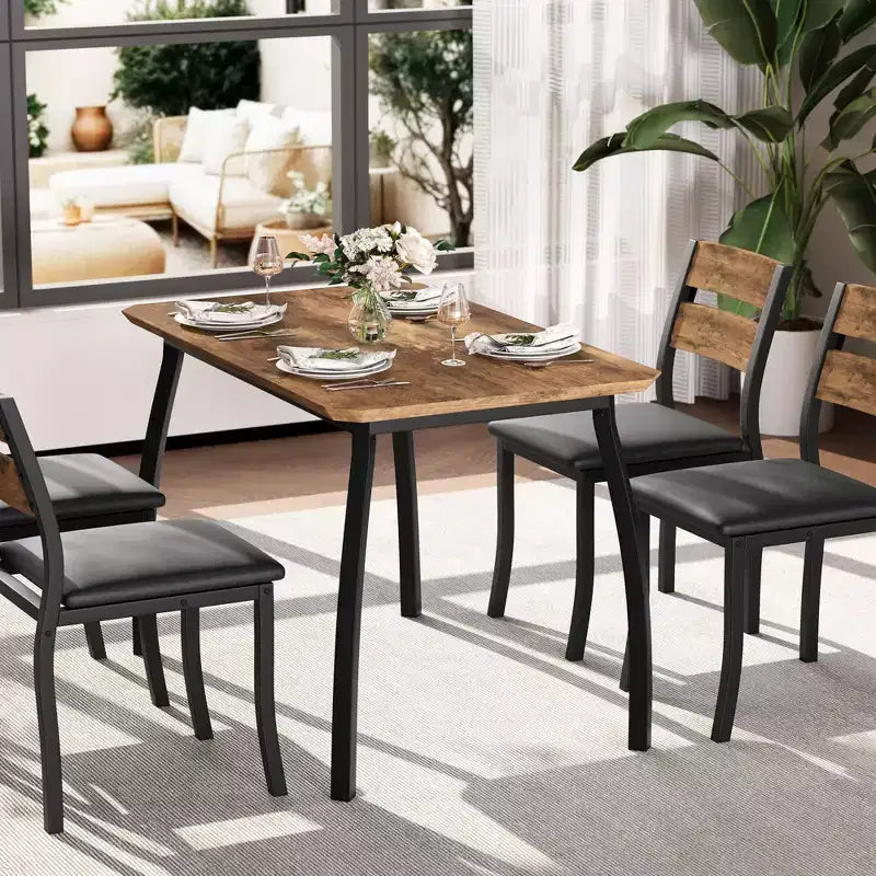 Ensemble de salle à manger 5 pièces pour 4 personnes, Table de cuisine moderne avec chaises rembourrées et cadre en fer, Meubles de salle à manger en bois pour petits espaces