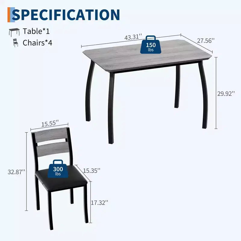 Ensemble de salle à manger 5 pièces pour 4 personnes, Table de cuisine moderne avec chaises rembourrées et cadre en fer, Meubles de salle à manger en bois pour petits espaces