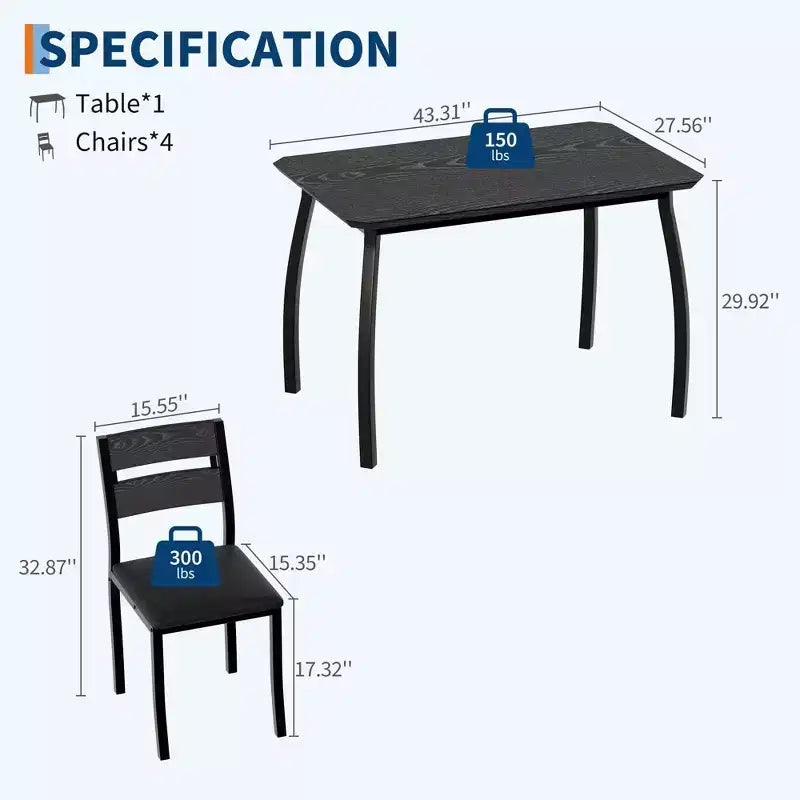 Ensemble de salle à manger 5 pièces pour 4 personnes, Table de cuisine moderne avec chaises rembourrées et cadre en fer, Meubles de salle à manger en bois pour petits espaces