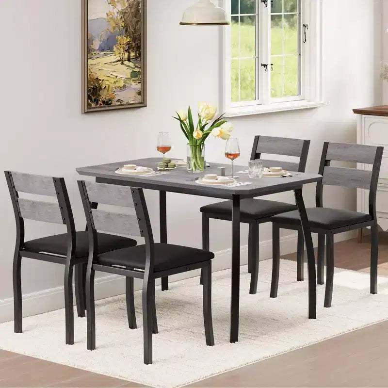 Ensemble de salle à manger 5 pièces pour 4 personnes, Table de cuisine moderne avec chaises rembourrées et cadre en fer, Meubles de salle à manger en bois pour petits espaces