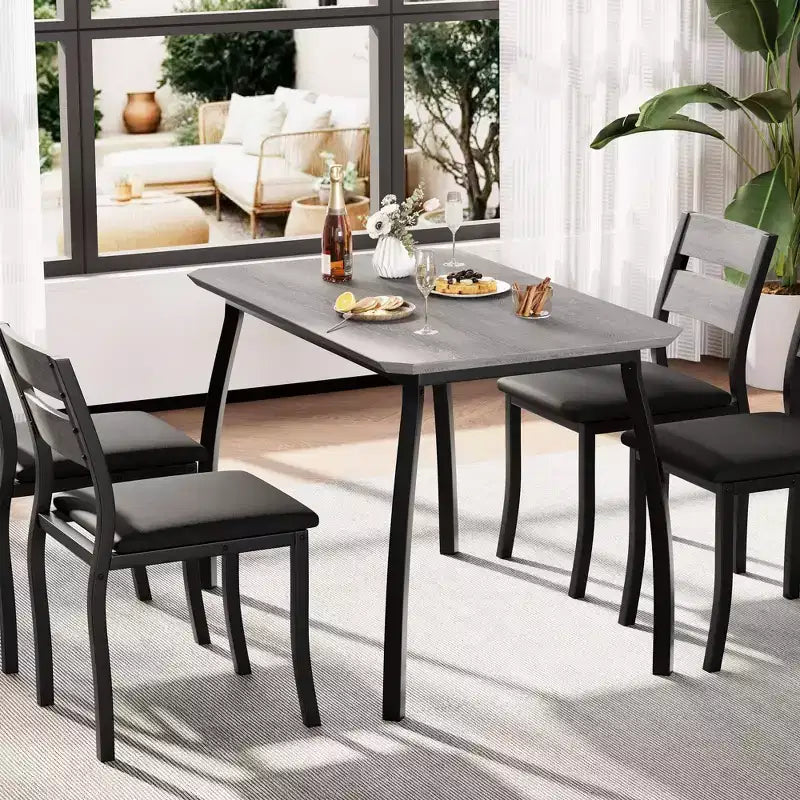 Ensemble de salle à manger 5 pièces pour 4 personnes, Table de cuisine moderne avec chaises rembourrées et cadre en fer, Meubles de salle à manger en bois pour petits espaces
