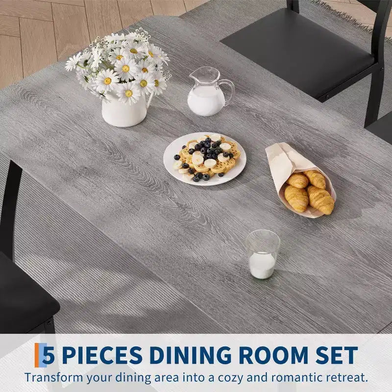 Ensemble de salle à manger 5 pièces pour 4 personnes, Table de cuisine moderne avec chaises rembourrées et cadre en fer, Meubles de salle à manger en bois pour petits espaces
