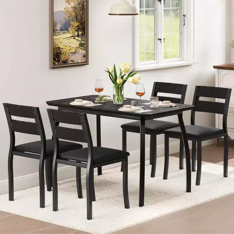 Ensemble de salle à manger 5 pièces pour 4 personnes, Table de cuisine moderne avec chaises rembourrées et cadre en fer, Meubles de salle à manger en bois pour petits espaces