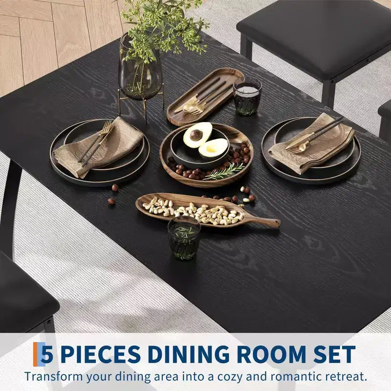 Ensemble de salle à manger 5 pièces pour 4 personnes, Table de cuisine moderne avec chaises rembourrées et cadre en fer, Meubles de salle à manger en bois pour petits espaces