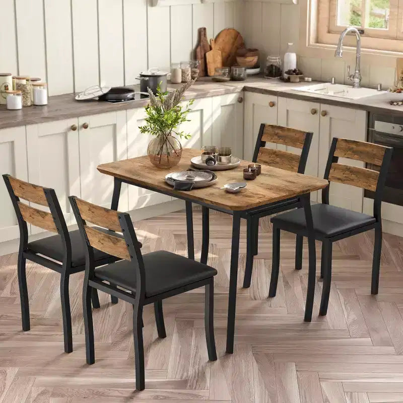 Ensemble de salle à manger 5 pièces pour 4 personnes, Table de cuisine moderne avec chaises rembourrées et cadre en fer, Meubles de salle à manger en bois pour petits espaces