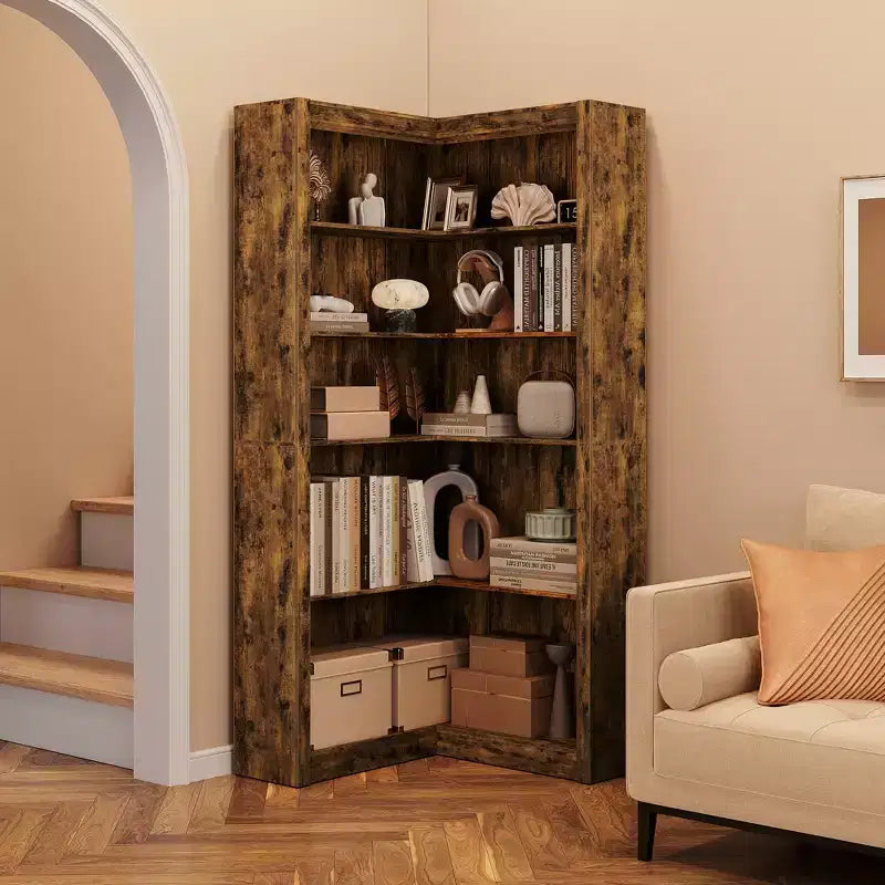 71,8'' Bibliothèque d'Angle, Bibliothèque de Ferme, Étagère à Livres en Forme de L, Étagère de Présentation à 5 Niveaux, Bibliothèques Robustes avec Rangement pour Bureau et Salon