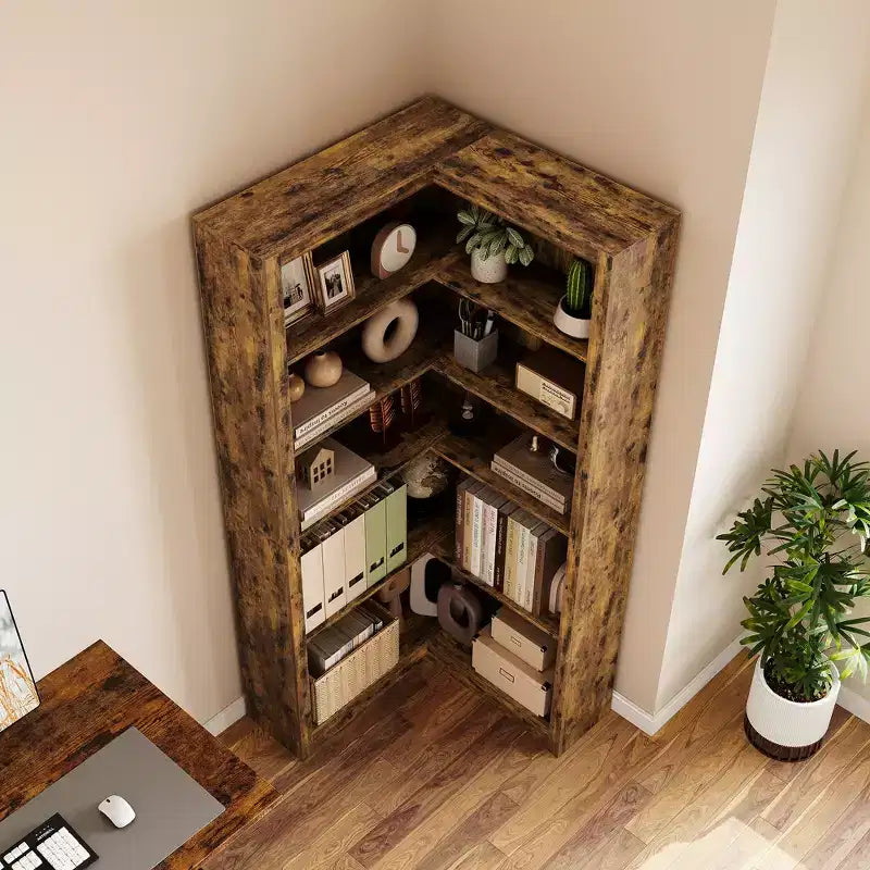 71,8'' Bibliothèque d'Angle, Bibliothèque de Ferme, Étagère à Livres en Forme de L, Étagère de Présentation à 5 Niveaux, Bibliothèques Robustes avec Rangement pour Bureau et Salon