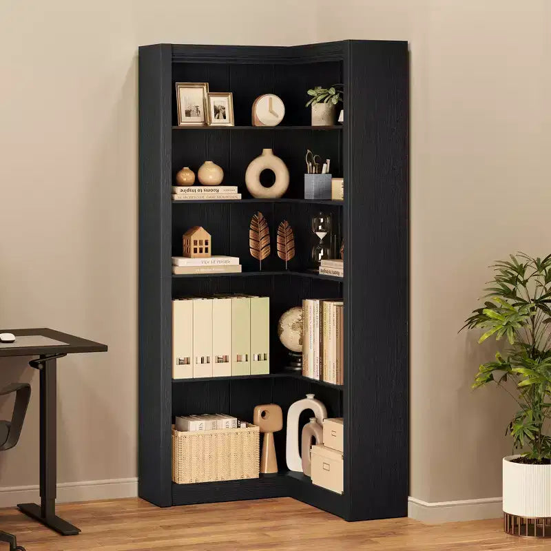 71,8'' Bibliothèque d'Angle, Bibliothèque de Ferme, Étagère à Livres en Forme de L, Étagère de Présentation à 5 Niveaux, Bibliothèques Robustes avec Rangement pour Bureau et Salon