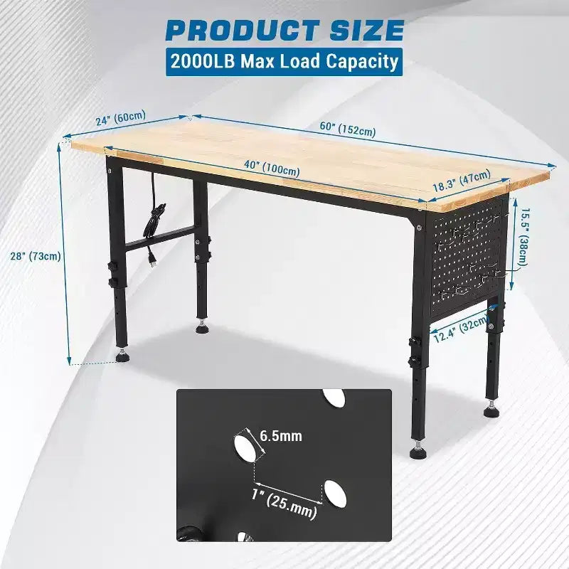 Établi robuste 48x24, plateau en bois d'hévéa, panneau perforé, prise de courant, roulettes verrouillables, hauteur réglable, 900 kg pour atelier de garage