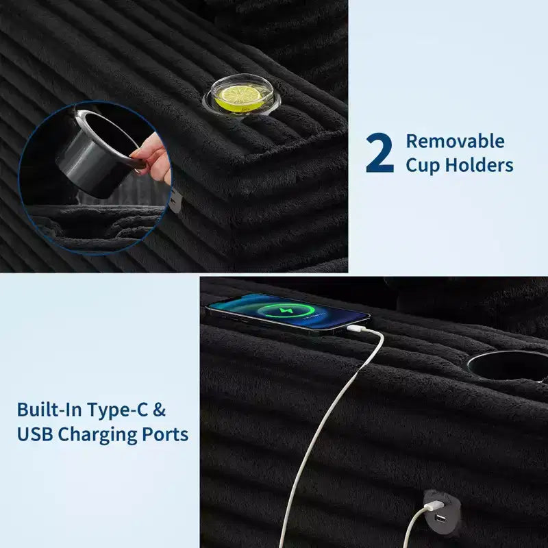 Canapé confortable en velours côtelé avec station de recharge, porte-gobelets et coussins pour salon, chambre et appartements