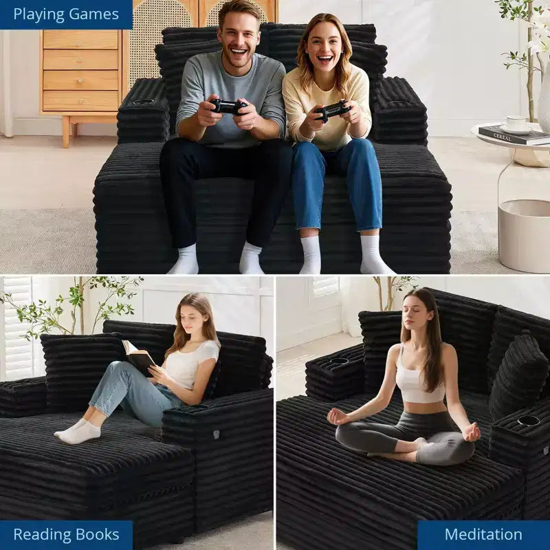 Canapé confortable en velours côtelé avec station de recharge, porte-gobelets et coussins pour salon, chambre et appartements
