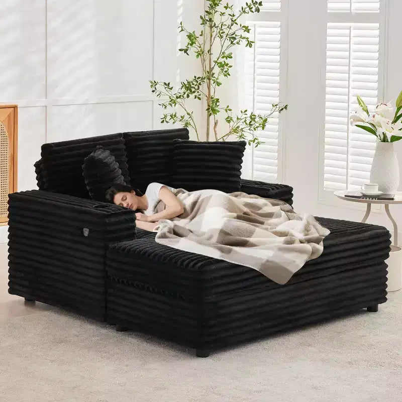 Canapé confortable en velours côtelé avec station de recharge, porte-gobelets et coussins pour salon, chambre et appartements