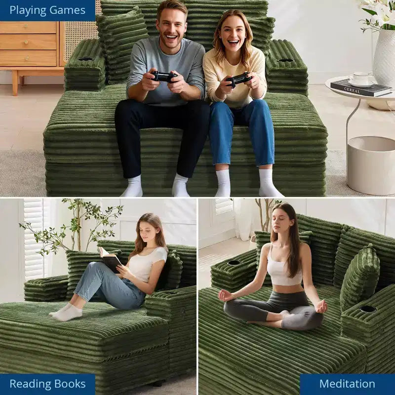 Canapé confortable en velours côtelé avec station de recharge, porte-gobelets et coussins pour salon, chambre et appartements