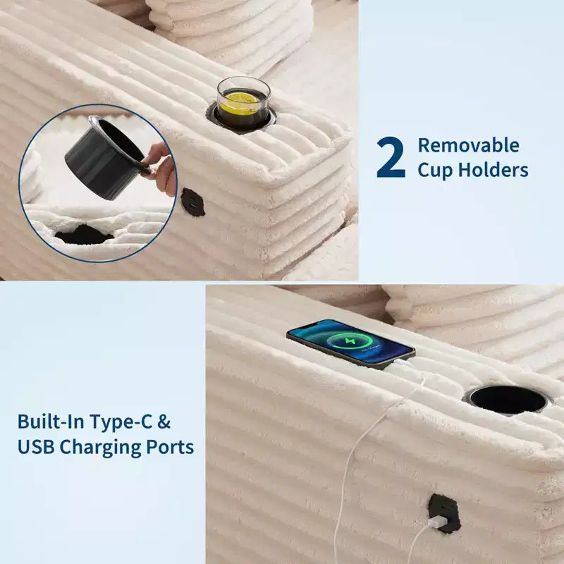 Canapé confortable en velours côtelé avec station de recharge, porte-gobelets et coussins pour salon, chambre et appartements