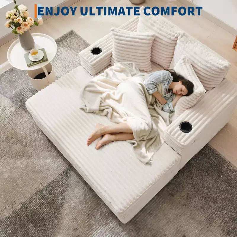 Canapé confortable en velours côtelé avec station de recharge, porte-gobelets et coussins pour salon, chambre et appartements