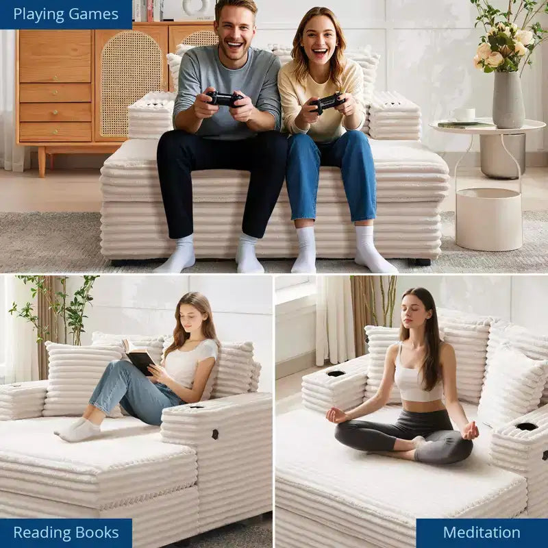Canapé confortable en velours côtelé avec station de recharge, porte-gobelets et coussins pour salon, chambre et appartements